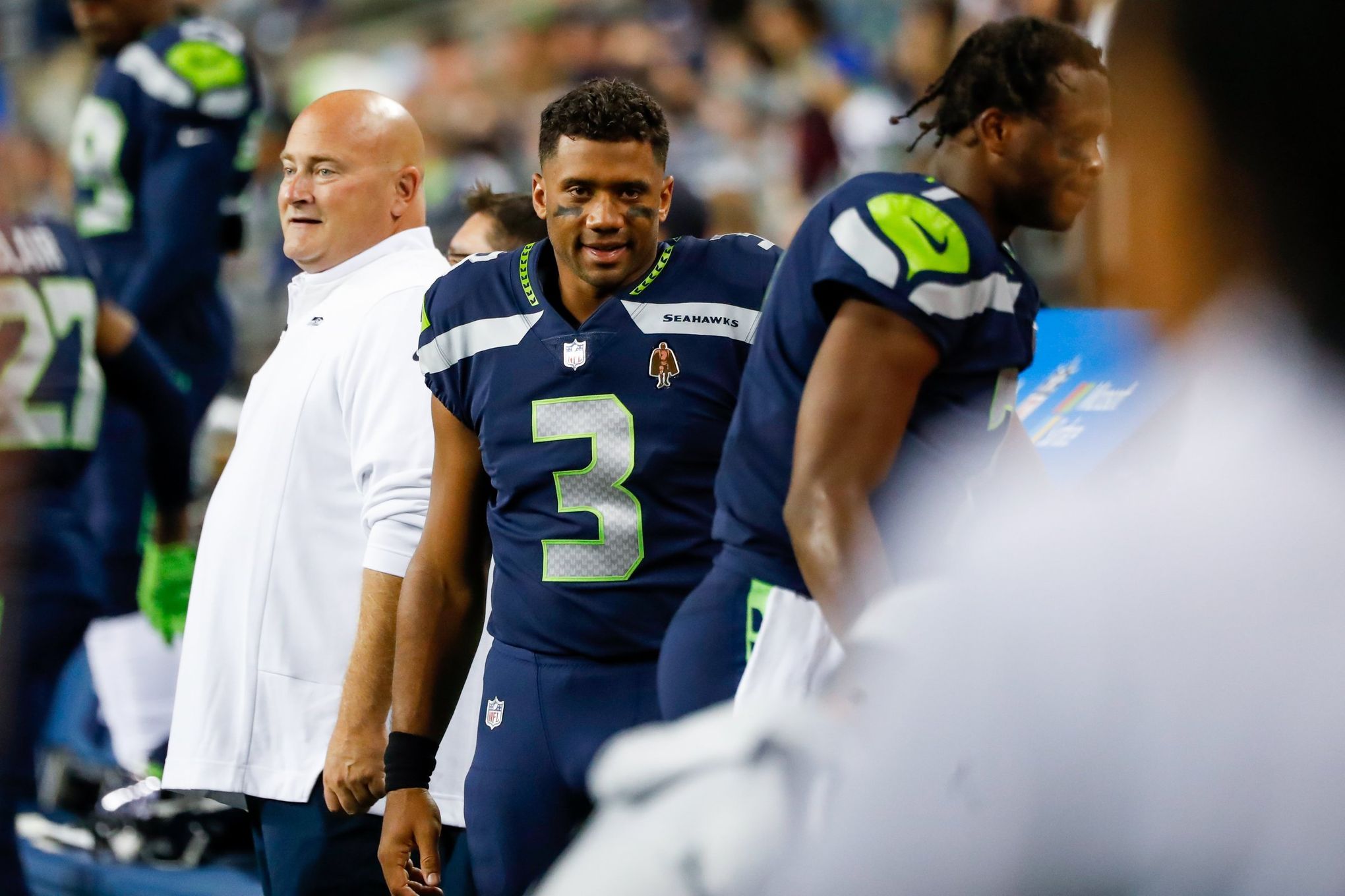 Seattle Seahawks defensive tackle Al Woods (99) is on the sideline