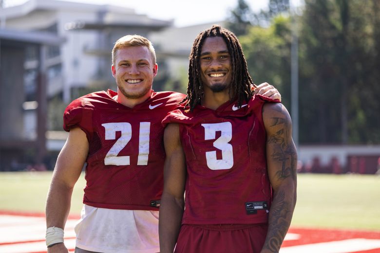 Washington State running backs Max Borghi (21) and Deon McIntosh (3), Aug. 11, 2021 at Rogers Field in Pullman. (Dean Rutz / The Seattle Times)