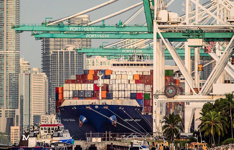 A container ship at port in Miami Beach, Fla., Aug. 25, 2021. Shipping is at the center of what has gone awry in the global economy. (Scott McIntyre/The New York Times)
