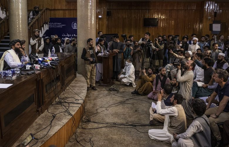 Zabihullah Mujahid, the Taliban’s spokesperson, addresses reporters in Kabul, Afghanistan on Tuesday, Aug. 17, 2021. More than 100 new official or pro-Taliban accounts and pages have surfaced on Facebook, YouTube and Twitter, despite a ban on the group by the sites. (Jim Huylebroek/The New York Times)