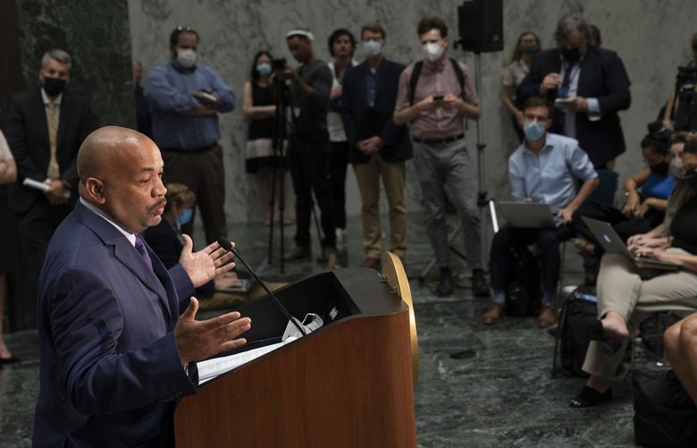 The leader of the state Assembly, Carl Heastie, at a news conference in the Legislative Office Building in Albany, N.Y., Aug. 9, 2021. To impeach or not to impeach is the question that New York state lawmakers are saddled with two days after Gov. Andrew Cuomo said he would resign. (James Estrin/The New York Times) XNYT82 XNYT82