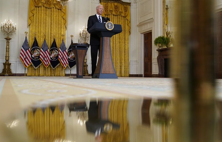 President Joe Biden speaks from the East Room of the White House in Washington, Wednesday, Aug 18, 2021, on the COVID-19 response and vaccination program. U.S. health officials Wednesday announced plans to offer COVID-19 booster shots to all Americans to shore up their protection amid the surging delta variant and signs that the vaccines’ effectiveness is falling. (AP Photo/Susan Walsh) DCSW101 DCSW101