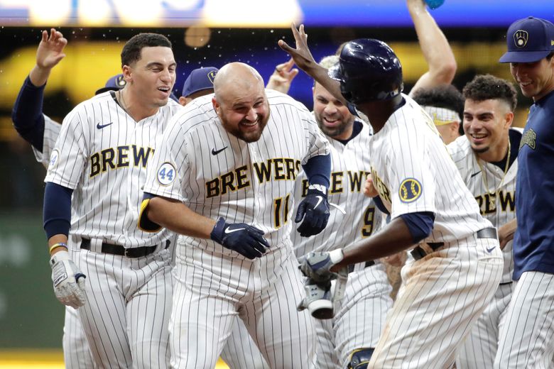 Rowdy Tellez of the Milwaukee Brewers celebrates a home run