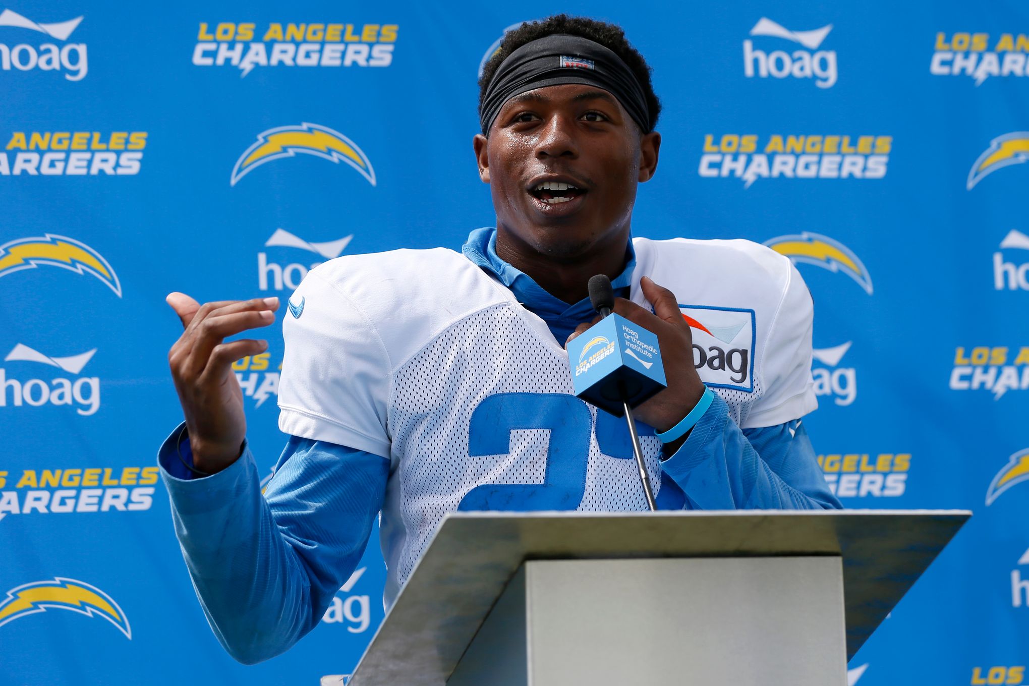 Los Angeles Chargers running back Joshua Kelley looks on before