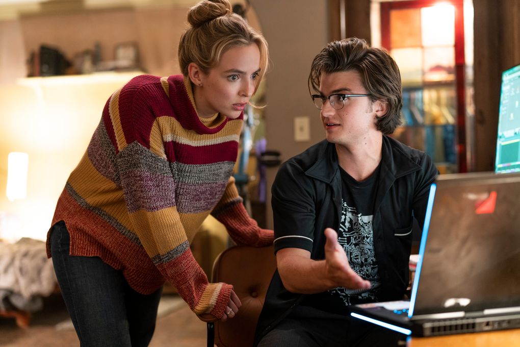 Jodie Comer, left, and Joe Keery play young programmers Millie and Keys in “Free Guy.” (Alan Markfield / 20th Century Studios via The Associated Press)