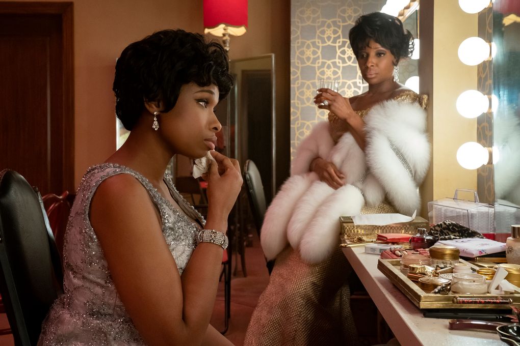 Jennifer Hudson, left, as Aretha Franklin and Mary J. Blige as Dinah Washington in “Respect.” (Quantrell D. Colbert / MGM)