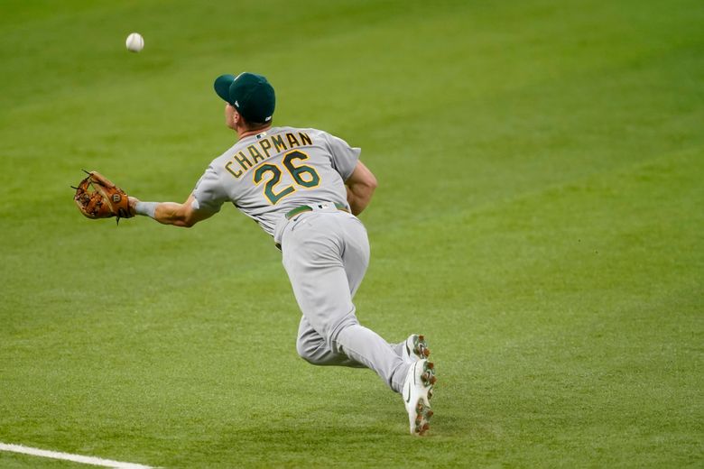 Oakland Athletics center fielder Starling Marte catches a deep fly