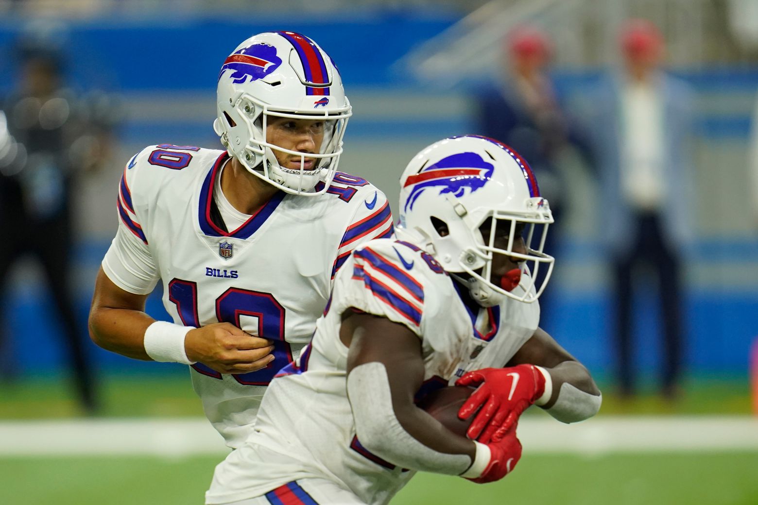 Buffalo Bills quarterback Mitchell Trubisky (10) looks to pass the