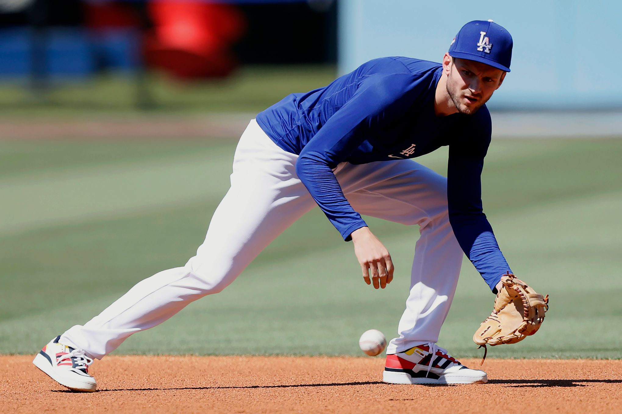 Los Angeles Dodgers second baseman Trea Turner looks on during the