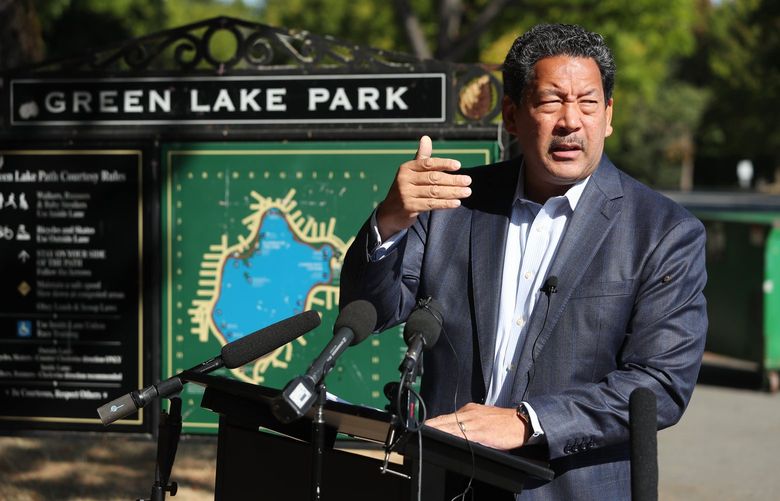 Seattle mayoral candidate Bruce Harrell speaks at a news conference about homeless issues, Thursday, Sept. 2, 2021 at Green Lake in Seattle. 218116