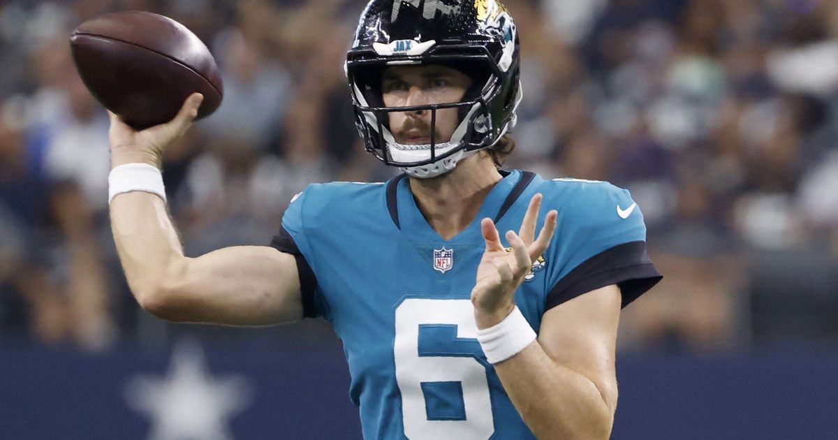 Seattle Seahawks quarterback Jake Luton passes the ball during warmups  before an NFL football game against