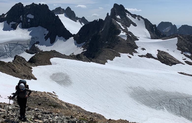 Michelle Flandreau climbs toward Mount Blum during a four-day traverse in the North Cascades. Bare glacial ice can be seen in the background. (Evan Bush)

It’s been a strange season for Washington’s fast-shrinking glaciers 
https://www.seattletimes.com/?p=14119210