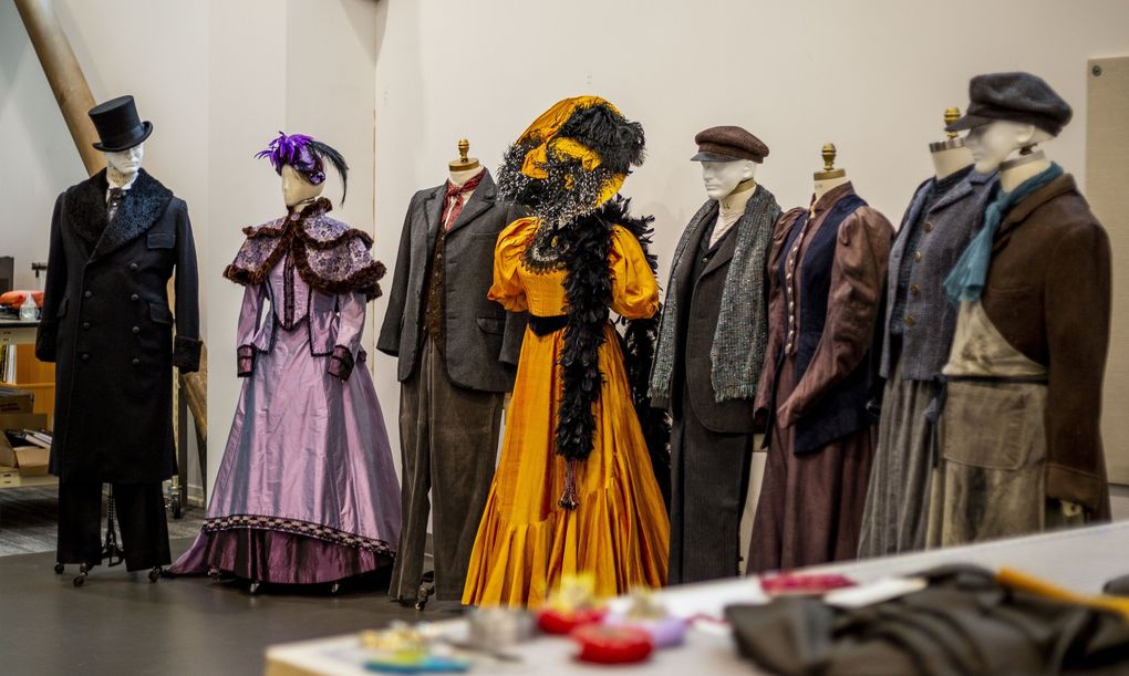 Costumes for “La Boheme” sit on dress forms at Seattle Opera’s Opera Center. The company’s “La Bohème” this October will feature 41 cast members — up from the typical number of cast members in last season’s filmed productions but down from the 99 originally planned for in 2020. (Sylvia Jarrus / The Seattle Times)
