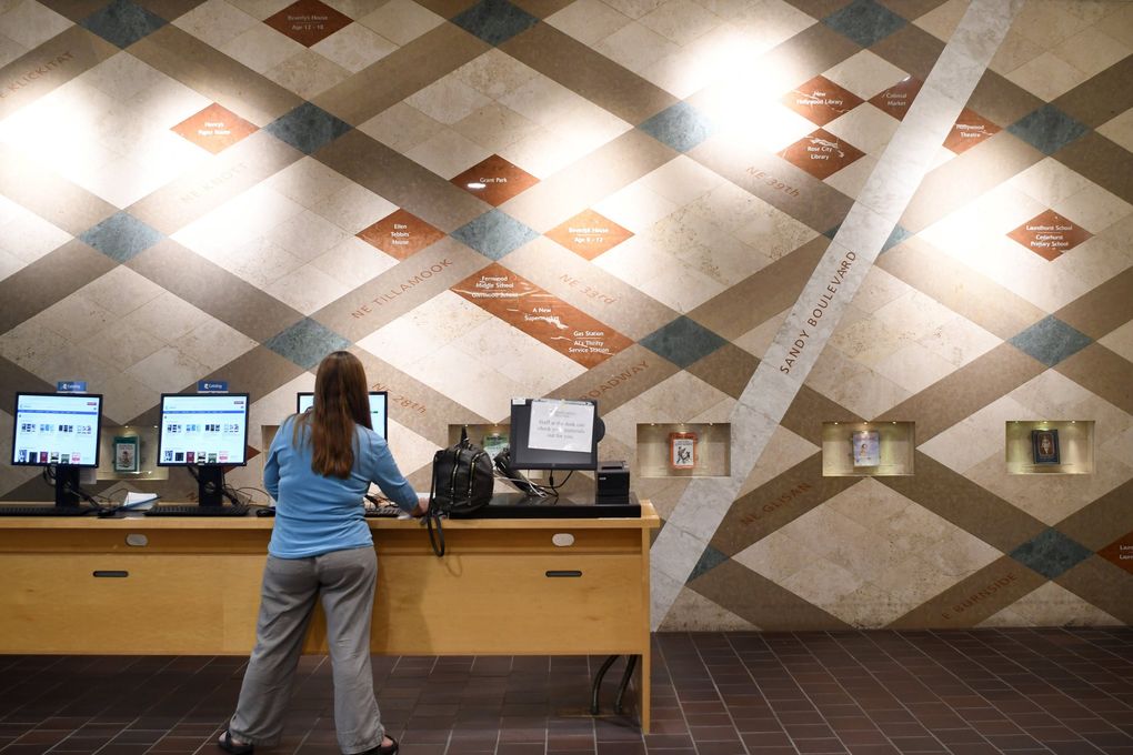 The Hollywood Library features a wall-sized stone map marking Beverly Cleary’s neighborhood. (JiaYing Grygiel / The Seattle Times)