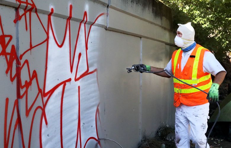 Graffiti Rangers with Seattle Public Utilities remove graffiti from the on-ramp to I-5 in Georgetown along South Harney St.   It’s a never-ending battle against it costing hundreds of thousands. They’re with Seattle Public Utilities

Friday Sept 3, 2021 218077