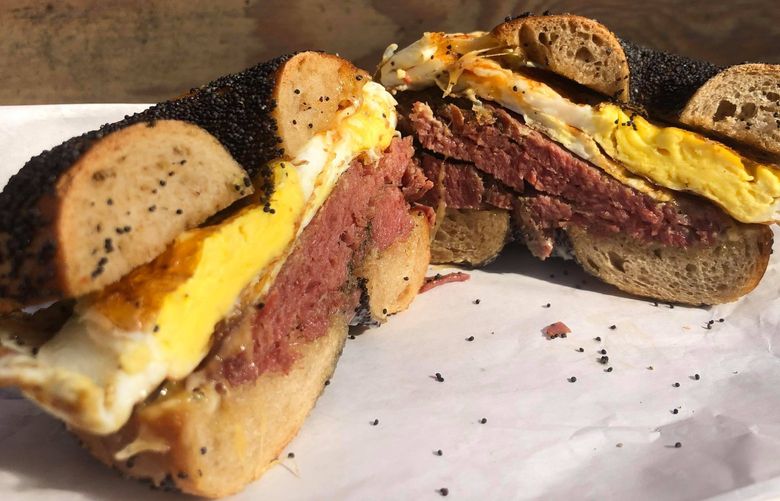Zylberschtein’s Frankel bagel sandwhich is filled with house-made pastrami and egg.