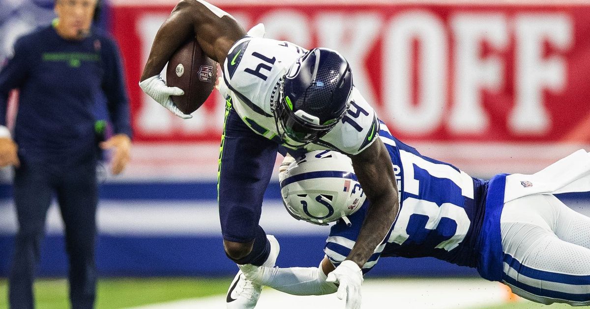 September 12, 2021: Seattle Seahawks wide receiver DK Metcalf (14) during  NFL football game action between the Seattle Seahawks and the Indianapolis  Colts at Lucas Oil Stadium in Indianapolis, Indiana. Seattle defeated