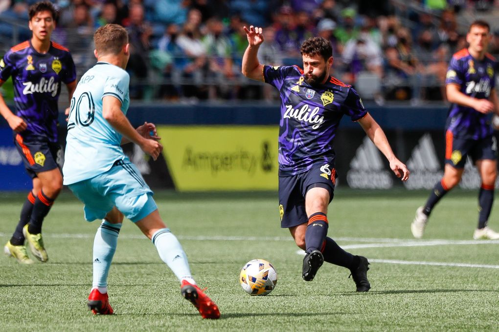 Joao Paulo controls the ball against Minnesota United FC during the first half, Sept. 11, 2021, in Seattle. (Jennifer Buchanan / The Seattle Times)