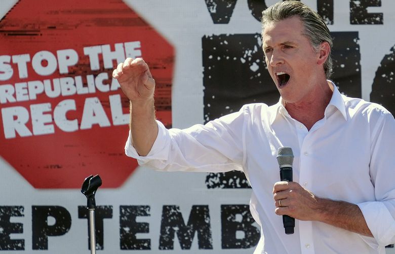 California Gov. Gavin Newsom speaks at a rally against the California gubernatorial recall election on Sunday, Sept. 12, 2021, in Sun Valley, Calif. (AP Photo/Ringo H.W. Chiu) CARC111 CARC111