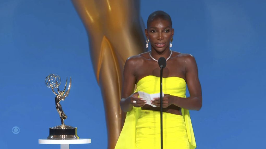 Michaela Coel accepts the award for outstanding writing for a limited or anthology series or movie for “I May Destroy You” during the Primetime Emmy Awards. (Television Academy via The Associated Press)