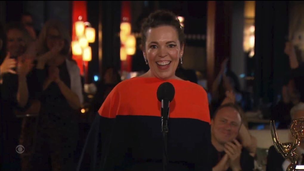 Olivia Colman accepts the award for outstanding lead actress in a drama series for “The Crown” during the Primetime Emmy Awards. (Television Academy via The Associated Press)