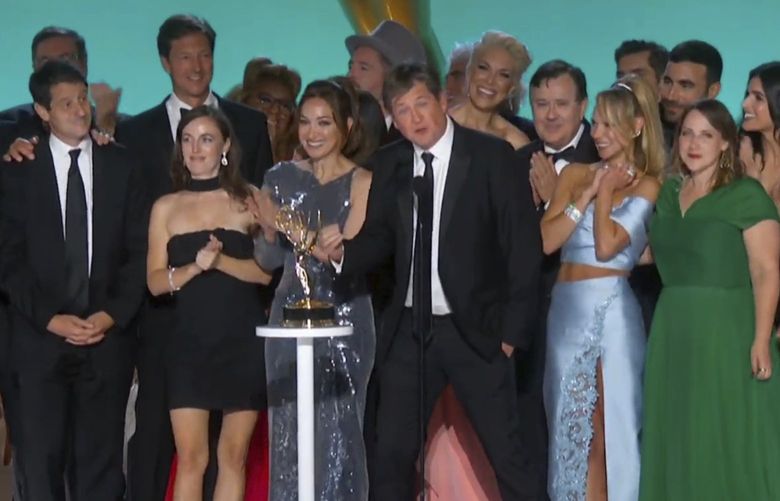 In this video grab issued Sunday, Sept. 19, 2021, by the Television Academy, the team of “Ted Lasso” accept the award for outstanding comedy series during the Primetime Emmy Awards. (Television Academy via AP) CADC244 CADC244