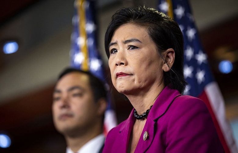 Rep. Judy Chu, D-Calif., listens beside Rep. Joaquin Castro, D-Texas, during a news conference with Democratic lawmakers on Capitol Hill, on July 25, 2018 in Washington, D.C. Chu and Sen. Richard Blumenthal, D-Conn., co-wrote a bill that would legalize abortion nationwide until 24 weeks of pregnancy. (Al Drago/Getty Images/TNS) 26542005W 26542005W