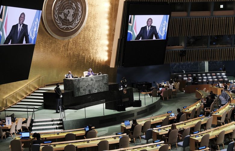 President of South Africa Cyril Ramaphosa speaks via video link during the 76th Session of the U.N. General Assembly at United Nations headquarters in New York, on Thursday, Sept. 23, 2021.  (Spencer Platt/Pool Photo via AP) XUN414 XUN414