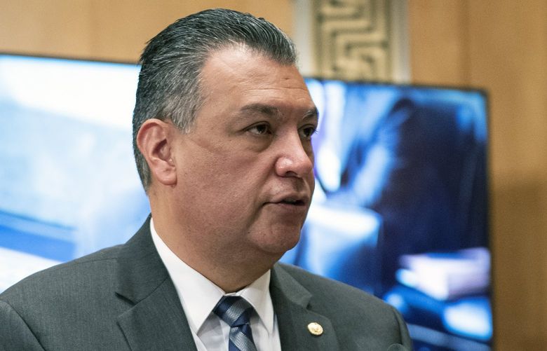 Sen. Alex Padilla, D-Calif., speaks during a Senate Homeland Security and Governmental Affairs Committee hearing to discuss security threats 20 years after the 9/11 terrorist attacks, Tuesday, Sept. 21, 2021 on Capitol Hill in Washington. (Greg Nash/Pool via AP) WX389 WX389