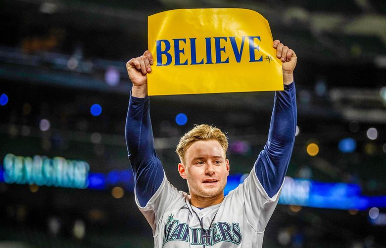 Following the Mariners 3-2 win over Oakland, Jarred Kelenic comes back to the field with a “Believe” sign and rallies the remaining fans to the Mariners cause.
.
The Oakland Athletics played the Seattle Mariners in Major League Baseball Wednesday, September 29, 2021 at T-Mobile Park in Seattle, WA. 218350 218350