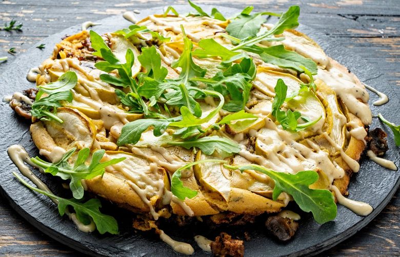 Chickpea Pancake With Mushrooms and Apple. (Scott Suchman for The Washington Post; food styling by Lisa Cherkasky for The Washington Post)