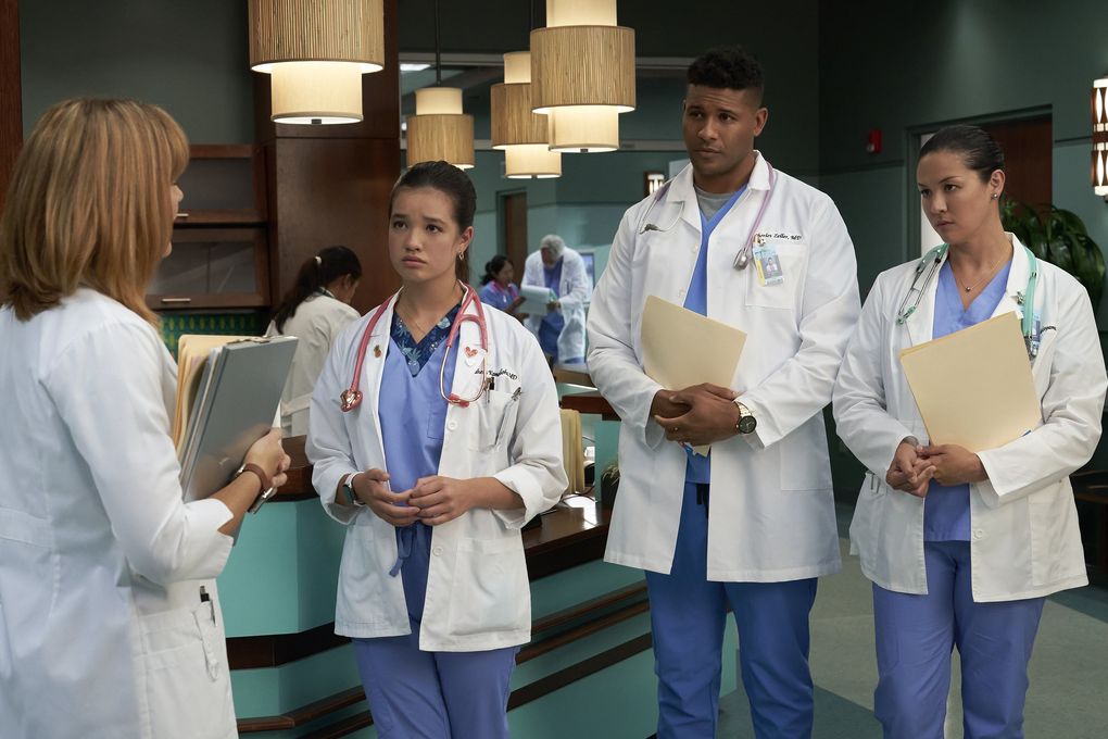 Peyton Elizabeth Lee, second from left, Jeffrey Bowyer-Chapman and Mapuana Makia in “Doogie Kamealoha, M.D.” (Karen Neal / Disney)