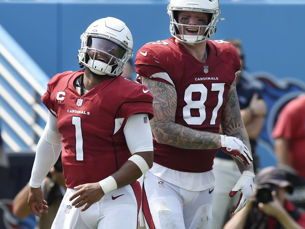 Arizona Cardinals quarterback Kyler Murray (1) is congratulated by tight end Maxx Williams (87) after Murray ran for a touchdown against the Tennessee Titans in the first half of an NFL football game Sunday, Sept. 12, 2021, in Nashville, Tenn. (Mark Zaleski / The Associated Press)