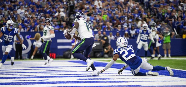 Seattle Seahawks wide receiver Tyler Lockett (16) celebrates as he scores a  touchdown against the Indianapolis Colts during the first half of an NFL  football game in Indianapolis, Sunday, Sept. 12, 2021. (