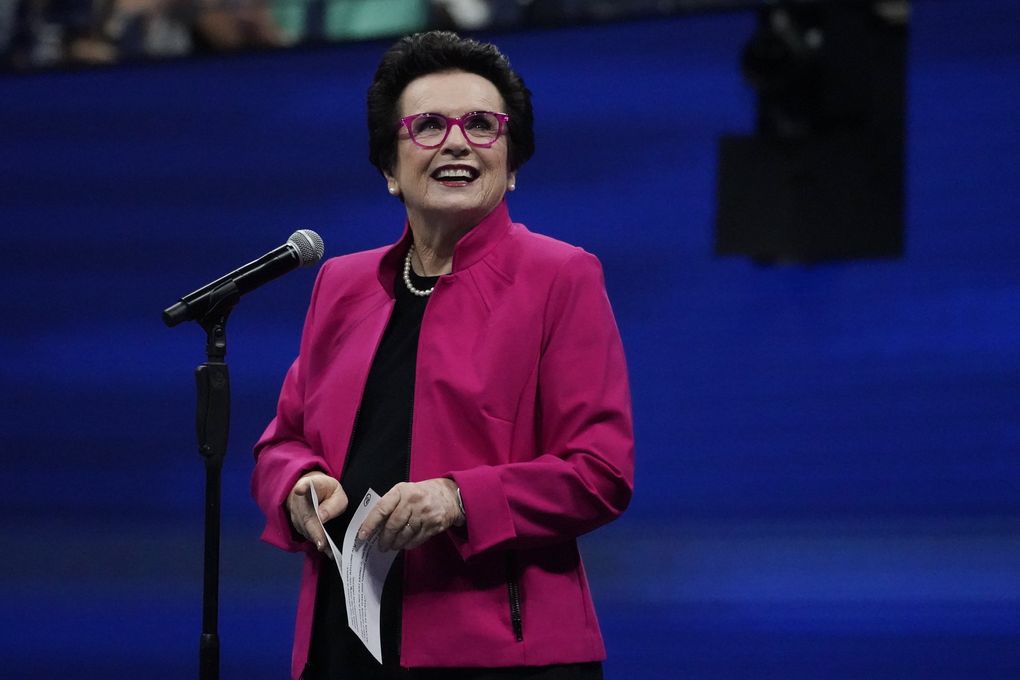 Tennis star and activist Billie Jean King speaks about her new memoir, “All In: An Autobiography,” on Sept. 23 in an online event through Seattle Arts & Lectures. (Elise Amendola / The Associated Press)