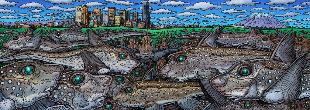 “Ratfish Empire” by Ray Troll is part of the “Cruisin’ Around Washington” exhibit at the Burke Museum. (Courtesy of Burke Museum)