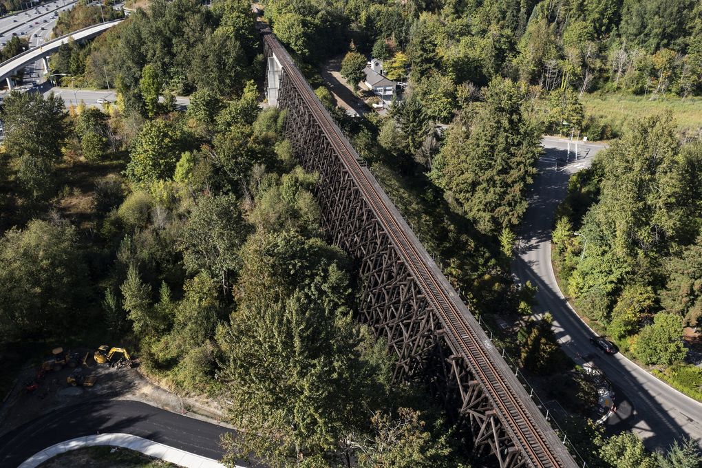 The Wilburton Train Trestle, seen from the air Monday in Bellevue, is a 102-foot-tall abandoned BNSF railway spanning Southeast Eighth Street and will be turned into a pedestrian and cyclist trail with help from a $7.5 million donation from Amazon. (Ken Lambert / The Seattle Times)