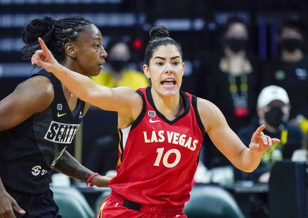 Las Vegas Aces guard Kelsey Plum in action against the Seattle Storm during WNBA basketball game Saturday, May 15, 2021, in Everett, Wash. (Elaine Thompson / AP)