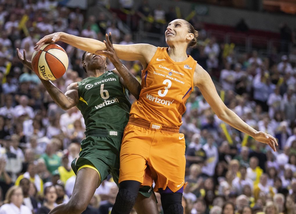 Phoenix guard Diana Taurasi puts a hard foul on Seattle’s Natasha Howard in the 1st quarter.
The Phoenix Mercury played the Seattle Storm in the second game of the best-of-five WNBA Semifinals Tuesday, August 28, 2018 at KeyArena in Seattle. (Dean Rutz / The Seattle Times)