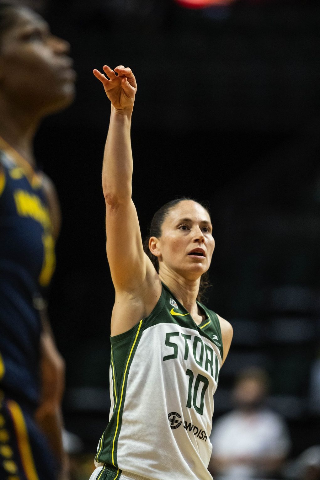 Sue Bird drains the shot in the 4th quarter. The Indiana Fever played the Seattle Storm in WNBA Basketball Tuesday, June 1, 2021 at Angel of the Winds Arena in Everett, WA. (Dean Rutz / The Seattle Times)