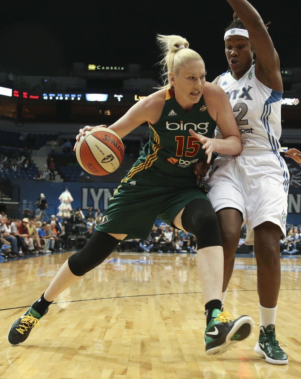 Rebekkah Brunson of the Minnesota Lynx tries to blocked the path of the Seattle Storm’s Lauren Jackson, left, during the first quarter on Tuesday, October 2, 2012, at the Target Center in Minneapolis, Minnesota, in Game 3 of their playoff series. (Kyndell Harkness / McClatchy Newspapers)