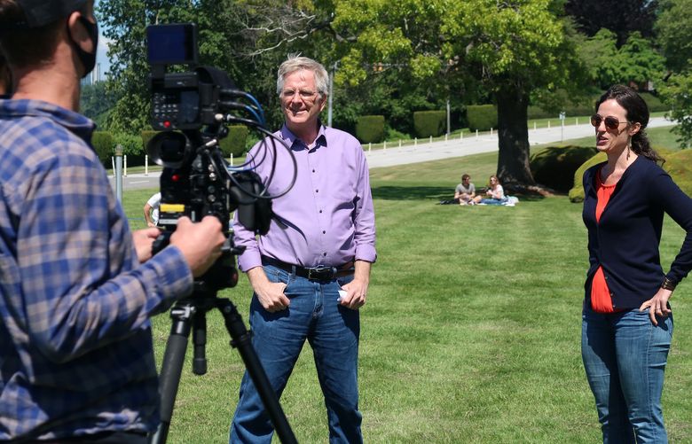 Rick Steves in Peace Arch Park in Whatcom County filming our series 