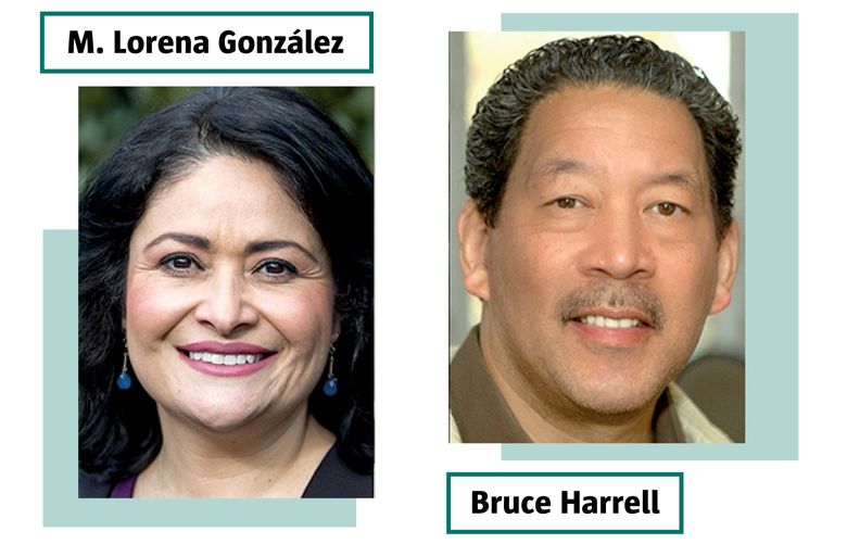 2021 Seattle mayoral candidates – Lorena González, Bruce Harrell. (Courtesy of the Campaigns / Seattle Times File)