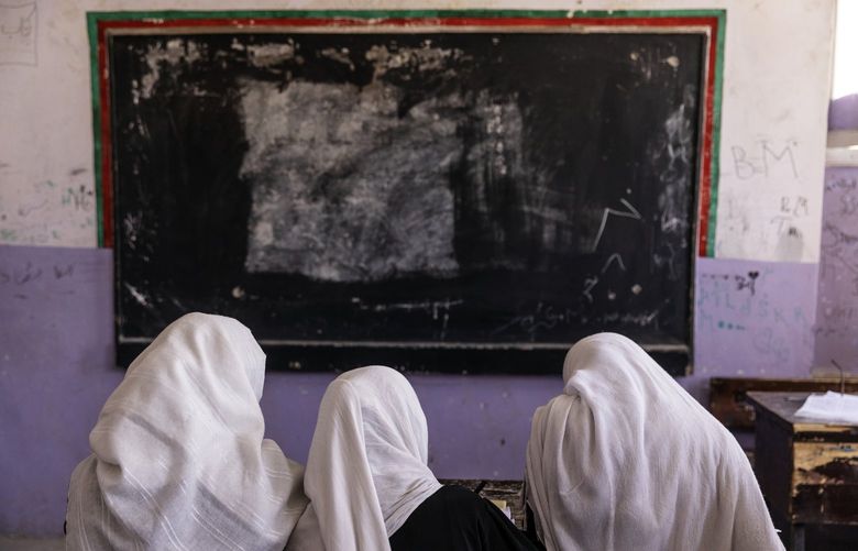 Girls attending class at a school for girls in Kabul on Wednesday, Sept. 15, 2021. Afghanistan’s new government is likely to severely restrict education for girls and women despite the Taliban’s claims that schooling will eventually resume. last week. (Victor J. Blue/The New York Times)