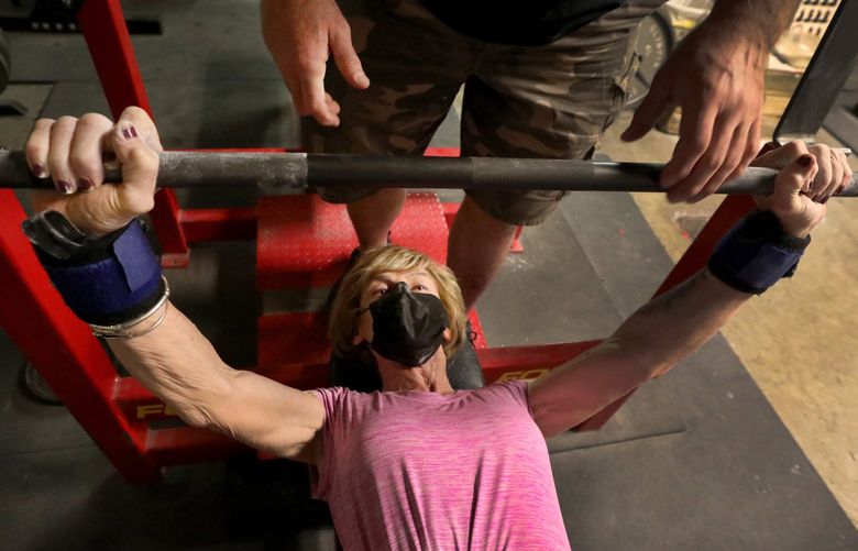 Seventy-six-year-old Abbey Moon is training for a powerlifting record and championship in Sweden.  Spotting her is coach Todd Christensen.  During this session she did a personal best bench press of 125-pounds which would also be a world record in her category.

Ref to more photos online



Wednesday Sept 1, 2021 218048