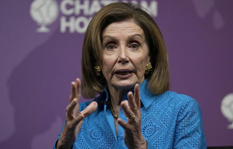 The Speaker of the United States House of Representatives, Nancy Pelosi, speaks at Chatham House, the Royal Institute of International Affairs, in London, Friday, Sept. 17, 2021.(AP Photo/Frank Augstein) FAS106 FAS106