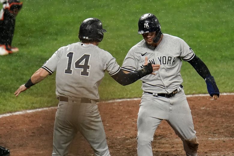 Gleyber Torres of the New York Yankees singles during the first