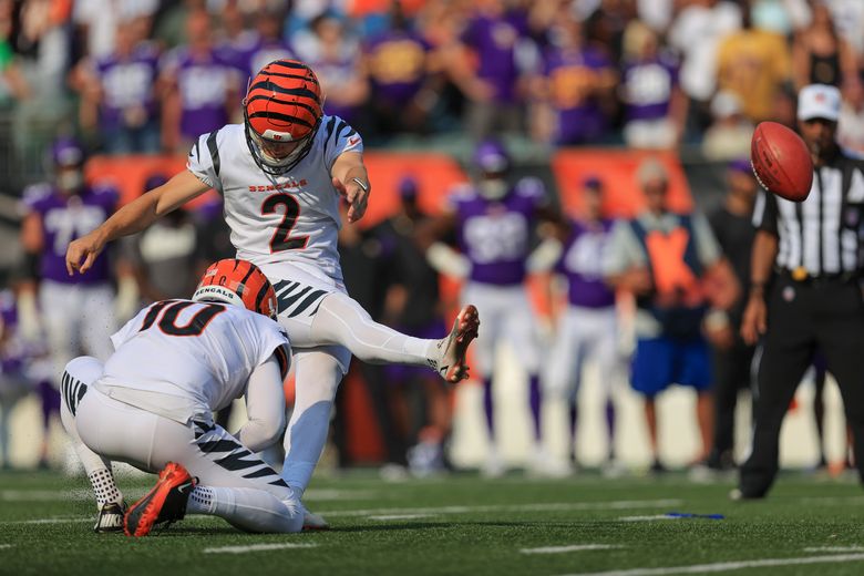 Cincinnati Bengals kicker Evan McPherson (2) runs off the field