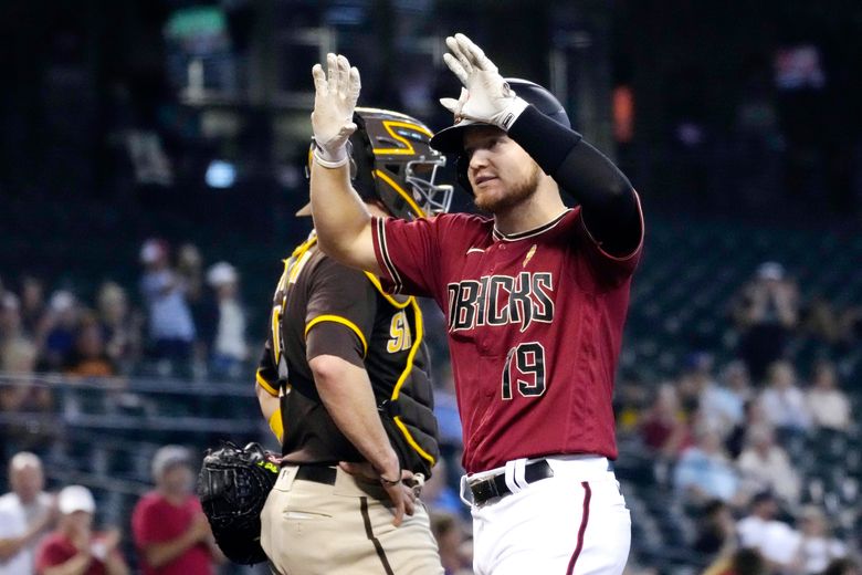 Ketel Marte of the Arizona Diamondbacks reacts after a hit during