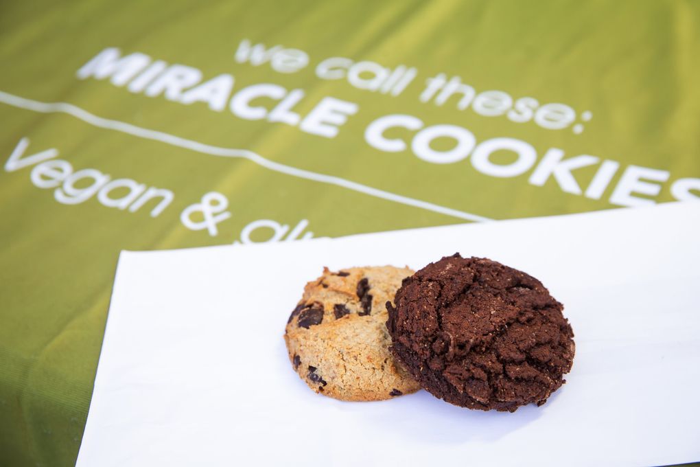 The Miracle classic chocolate chip and the Miracle double chocolate espresso cookies are two popular options for customers looking for vegan and gluten-free options at Pinckney Cookie Cafe. Michael Pinckney’s Miracle cookies are all vegan and gluten-free. (Bettina Hansen / The Seattle Times)